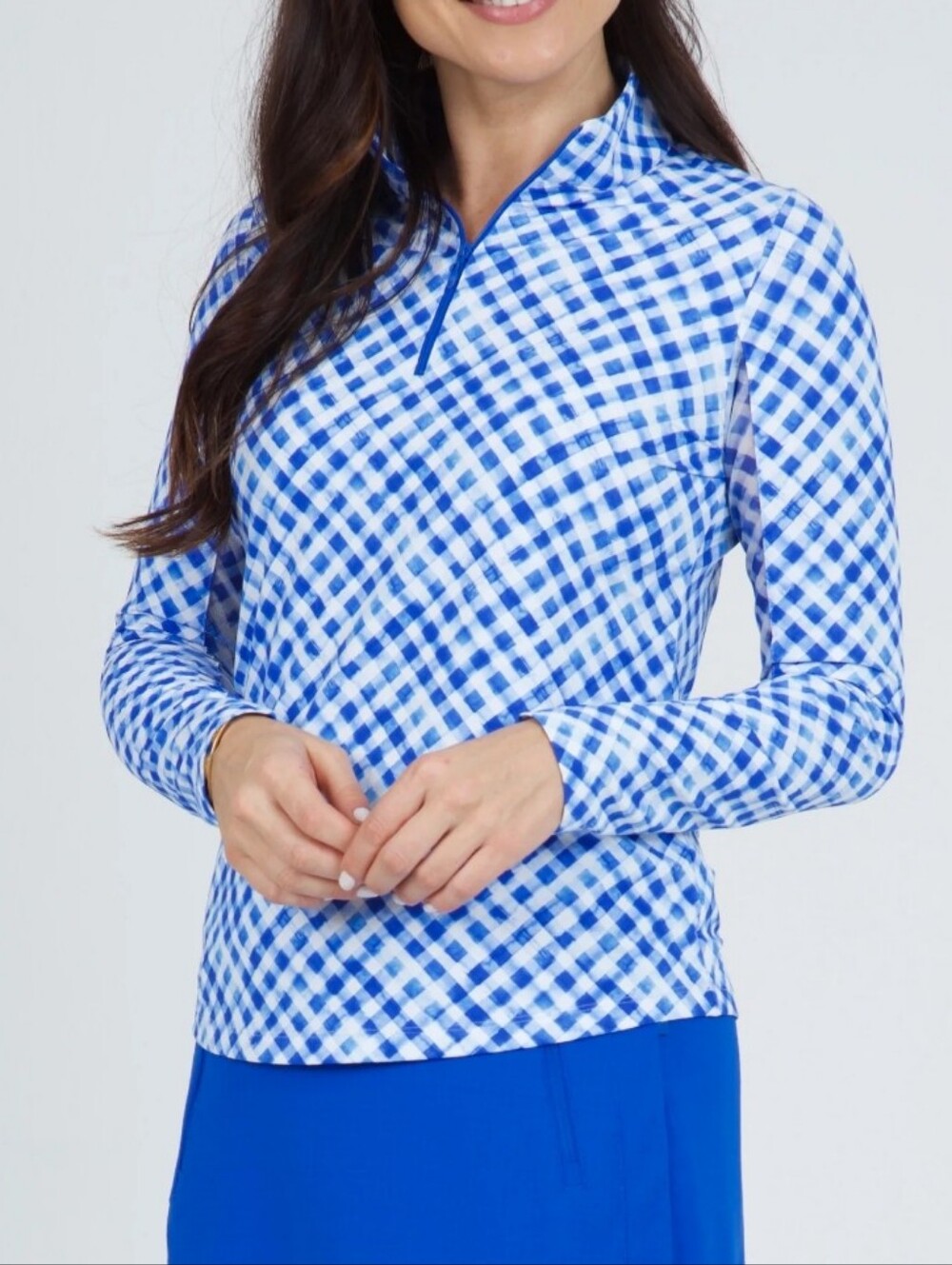 IBKUL Gingham Check Print Long Sleeve Mock Neck Top Size Medium With Golf Logo